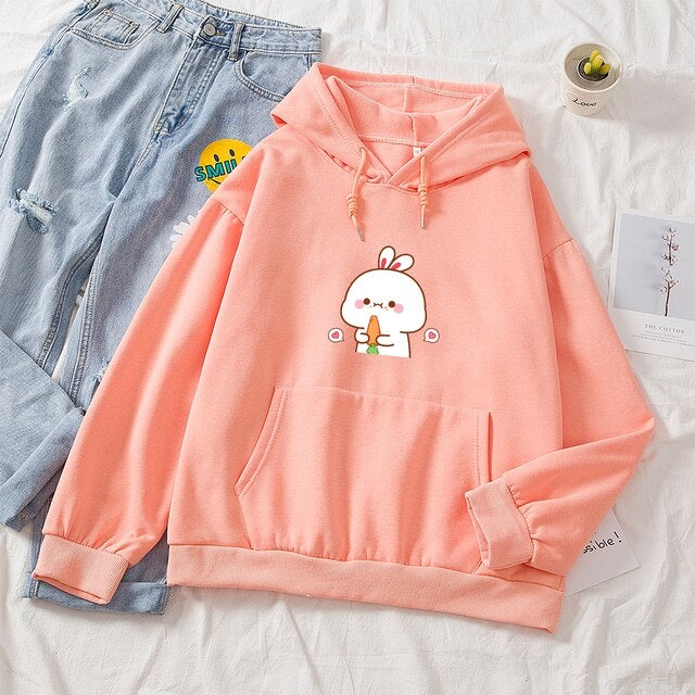 Kawaii White Bunny & Carrot Part-Cotton Hoodie-Enchanted peach