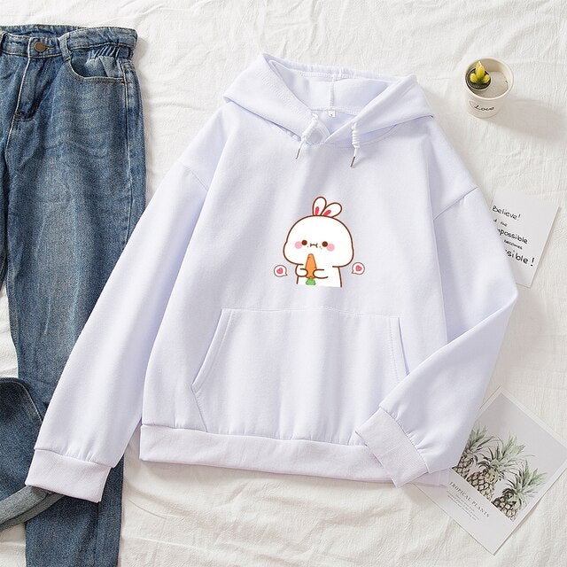 Kawaii White Bunny & Carrot Part-Cotton Hoodie-Enchanted peach