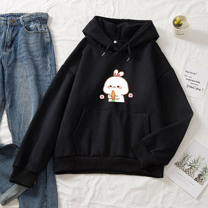 Kawaii White Bunny & Carrot Part-Cotton Hoodie-Enchanted peach