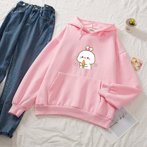 Kawaii White Bunny & Carrot Part-Cotton Hoodie-Enchanted peach