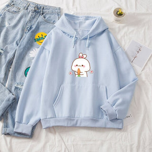 Kawaii White Bunny & Carrot Part-Cotton Hoodie-Enchanted peach