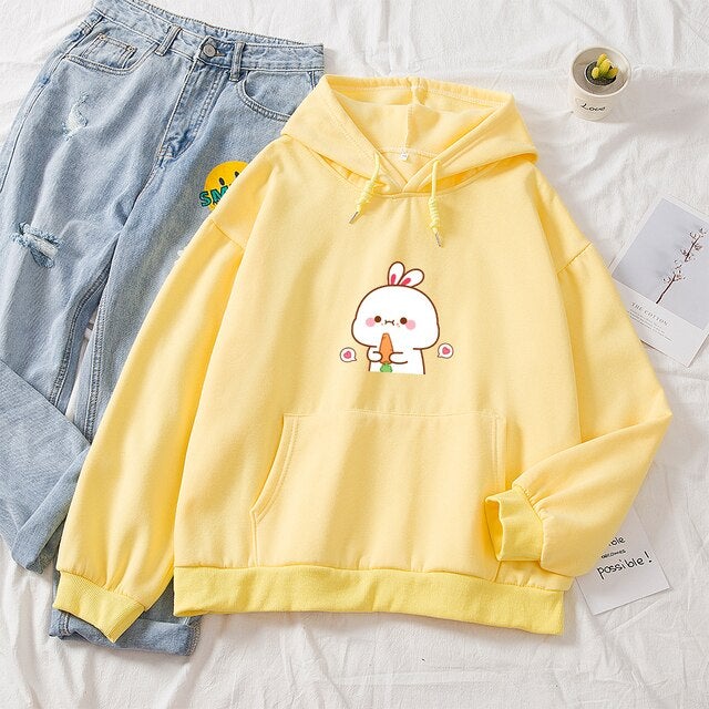 Kawaii White Bunny & Carrot Part-Cotton Hoodie-Enchanted peach