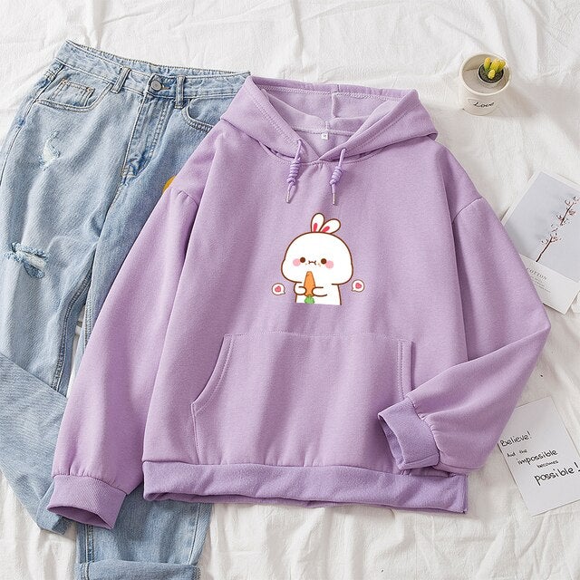 Kawaii White Bunny & Carrot Part-Cotton Hoodie-Enchanted peach