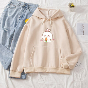 Kawaii White Bunny & Carrot Part-Cotton Hoodie-Enchanted peach