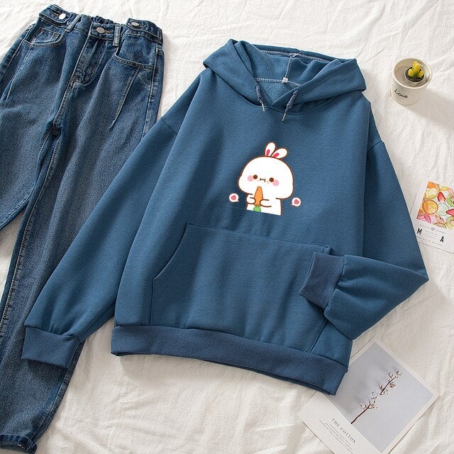 Kawaii White Bunny & Carrot Part-Cotton Hoodie-Enchanted peach