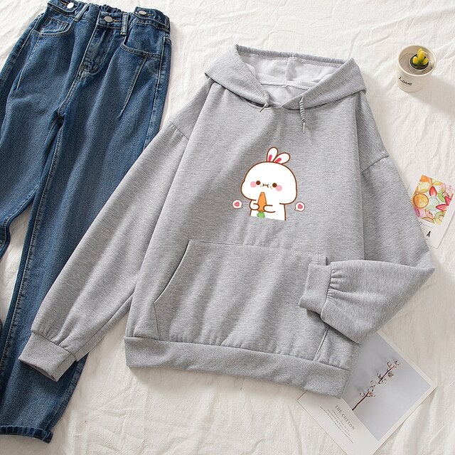 Kawaii White Bunny & Carrot Part-Cotton Hoodie-Enchanted peach