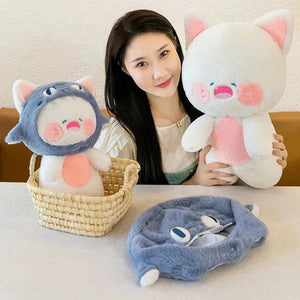 Kawaii White Cat Shark Hat Plushie-Enchanted peach