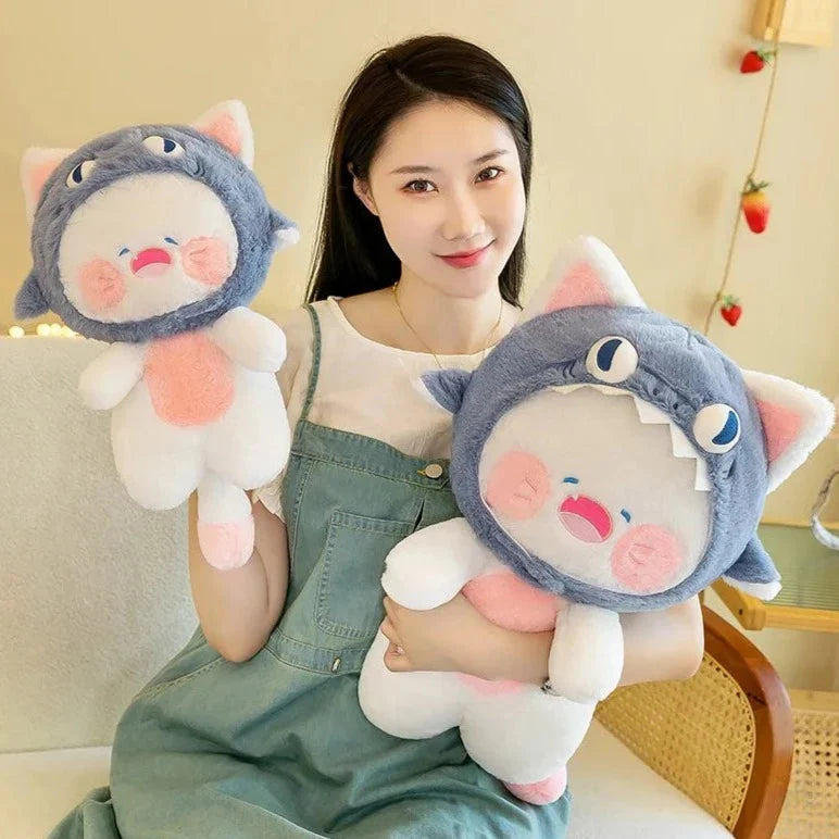 Kawaii White Cat Shark Hat Plushie-Enchanted peach