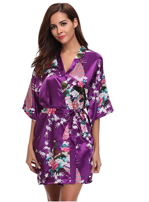 Kimono Short Robe Magnificent Peacock-Enchanted peach