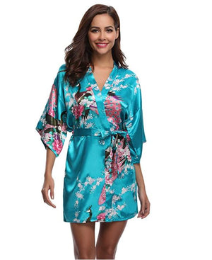 Kimono Short Robe Magnificent Peacock-Enchanted peach