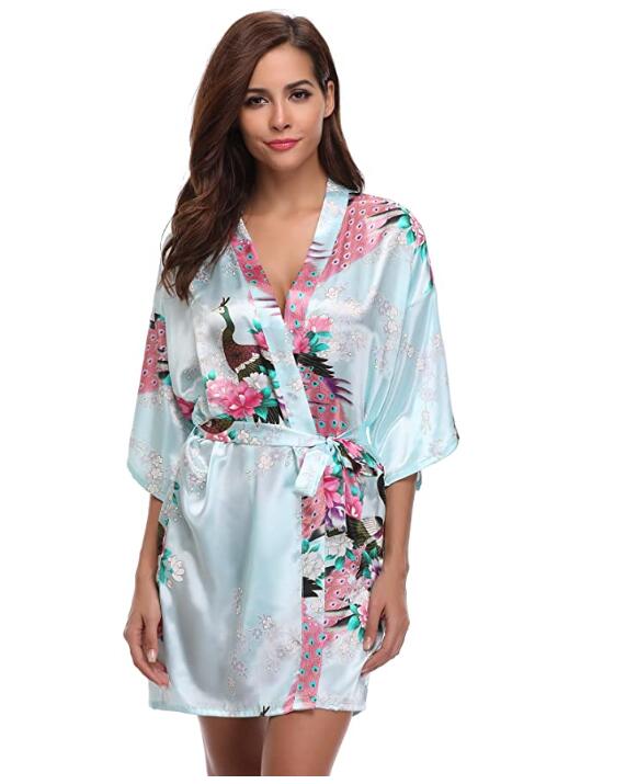 Kimono Short Robe Magnificent Peacock-Enchanted peach