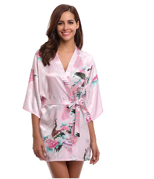 Kimono Short Robe Magnificent Peacock-Enchanted peach