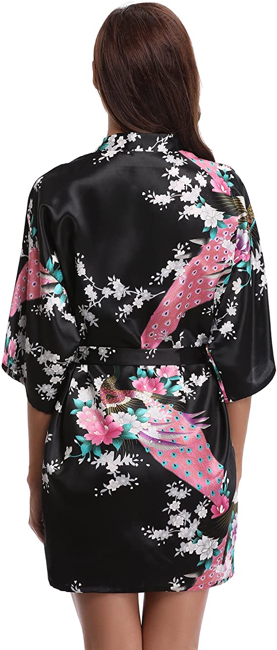 Kimono Short Robe Magnificent Peacock-Enchanted peach