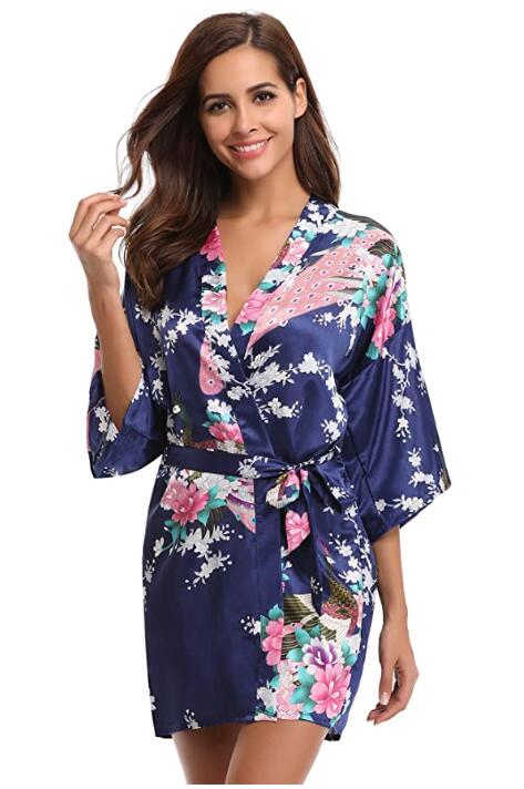 Kimono Short Robe Magnificent Peacock-Enchanted peach