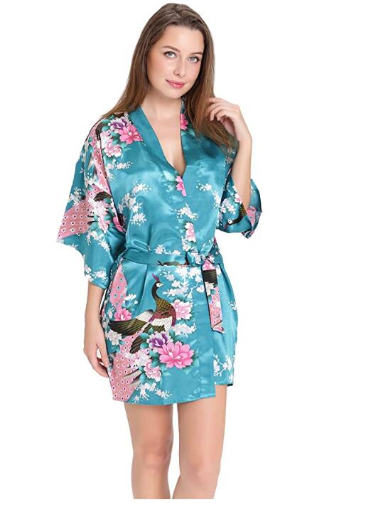 Kimono Short Robe Magnificent Peacock-Enchanted peach