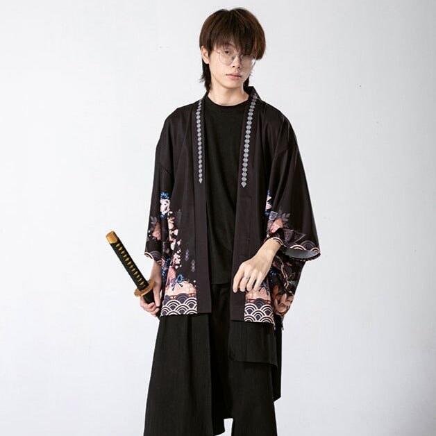 Legendary Japanese Royal Samurai Print Kimono-Enchanted peach