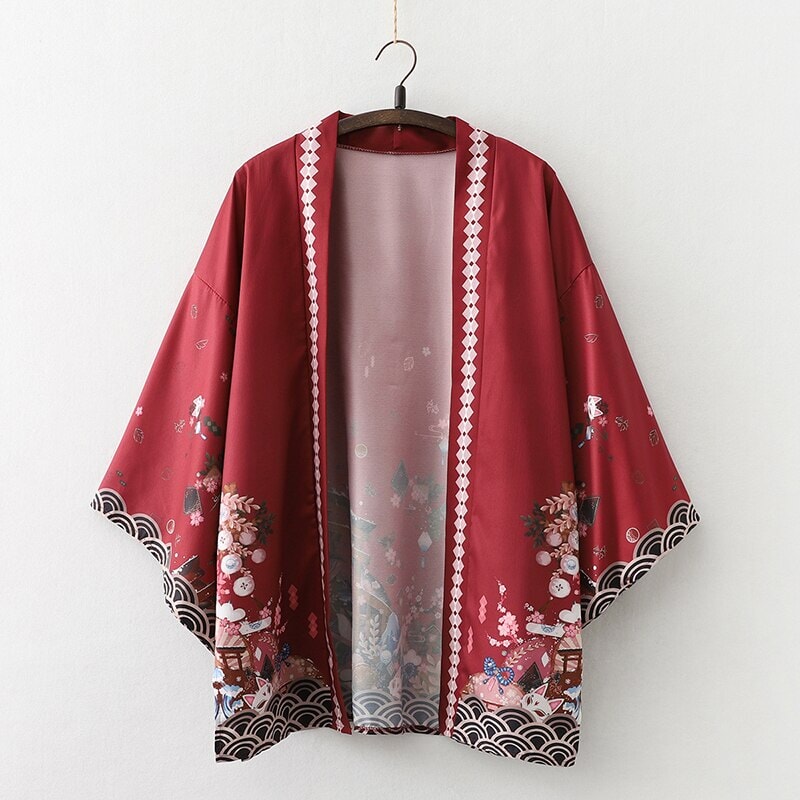 Legendary Japanese Royal Samurai Print Kimono-Enchanted peach