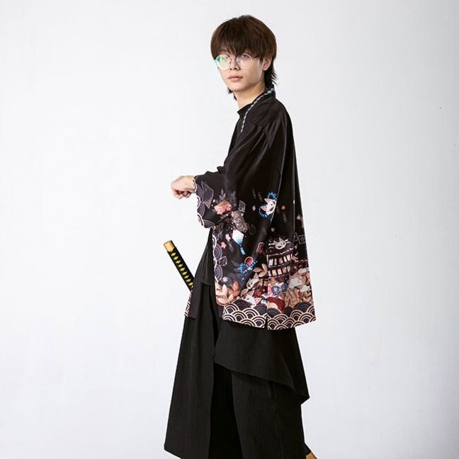 Legendary Japanese Royal Samurai Print Kimono-Enchanted peach