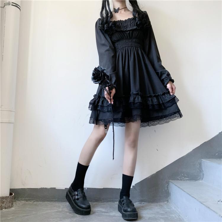 Lolita Black Mini High Waist Gothic Women's Dress-Enchanted peach