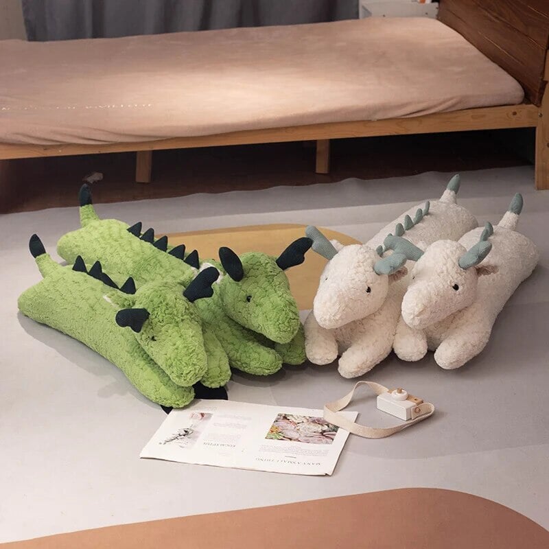 Long Snuggly Green White Dragon Plushies-Enchanted peach