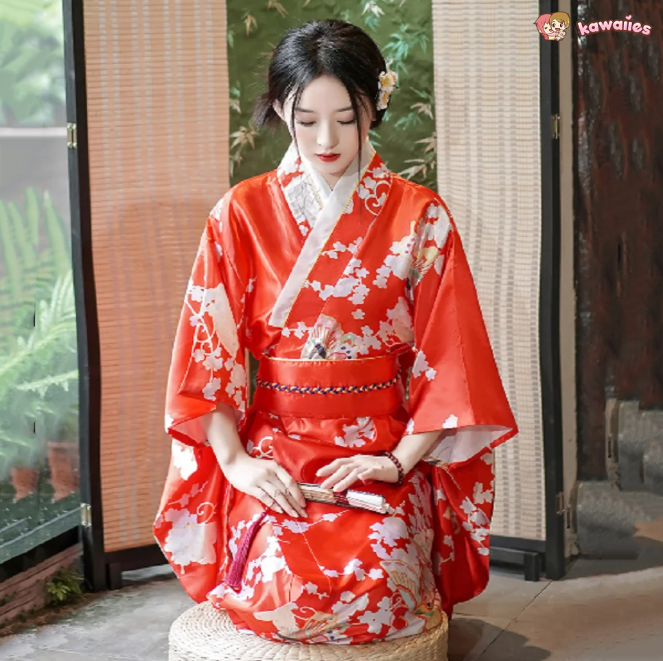 Long Traditional Japanese-themed Beautiful Floral Women's Kimono-Enchanted peach