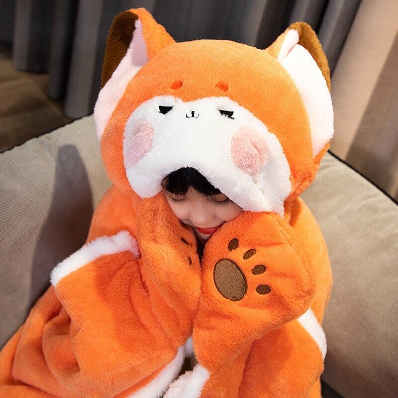 Lovely Orange Fox Plush Cape Hoodie Blanket-Enchanted peach