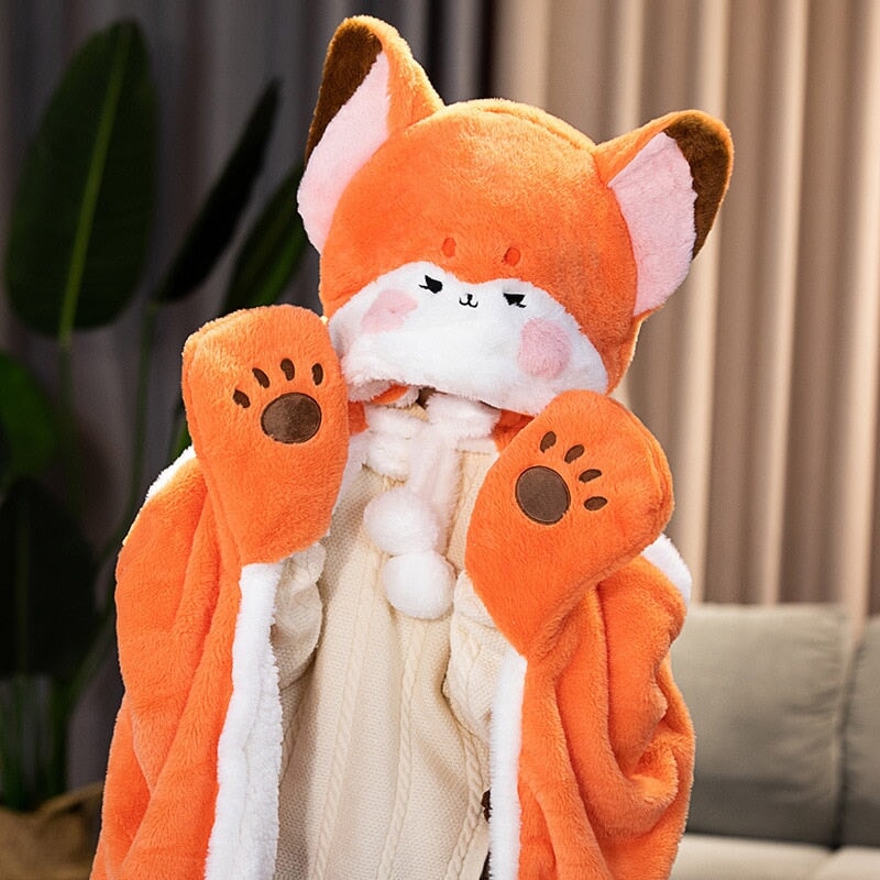 Lovely Orange Fox Plush Cape Hoodie Blanket-Enchanted peach