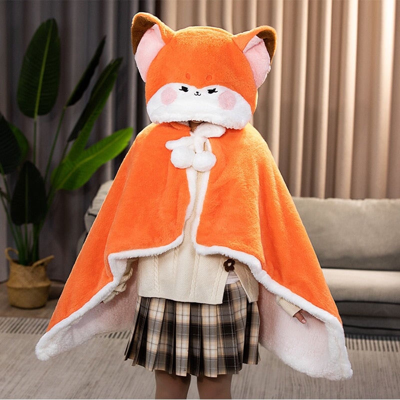 Lovely Orange Fox Plush Cape Hoodie Blanket-Enchanted peach