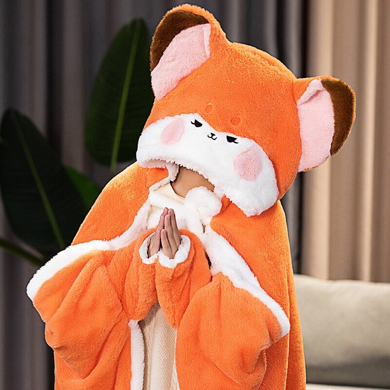 Lovely Orange Fox Plush Cape Hoodie Blanket-Enchanted peach