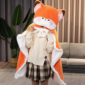 Lovely Orange Fox Plush Cape Hoodie Blanket-Enchanted peach