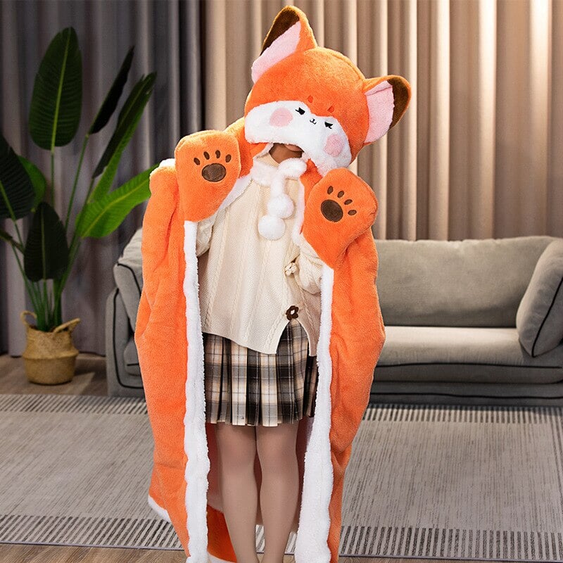 Lovely Orange Fox Plush Cape Hoodie Blanket-Enchanted peach