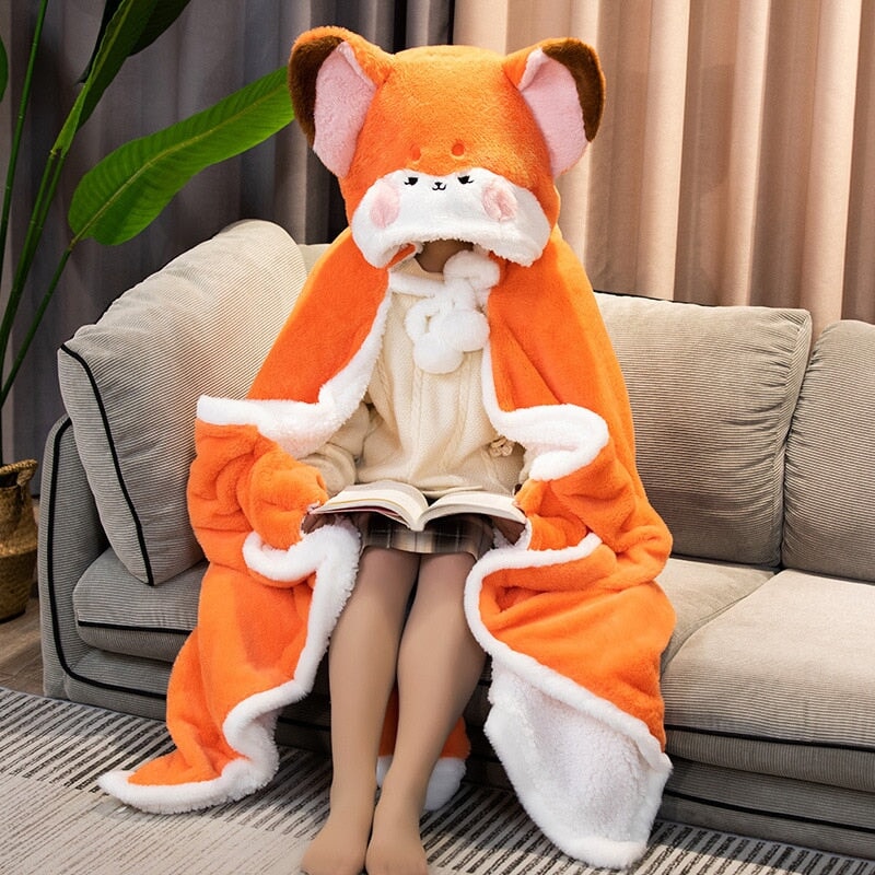 Lovely Orange Fox Plush Cape Hoodie Blanket-Enchanted peach