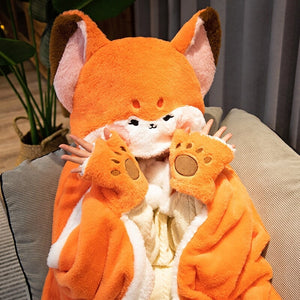 Lovely Orange Fox Plush Cape Hoodie Blanket-Enchanted peach