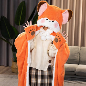 Lovely Orange Fox Plush Cape Hoodie Blanket-Enchanted peach