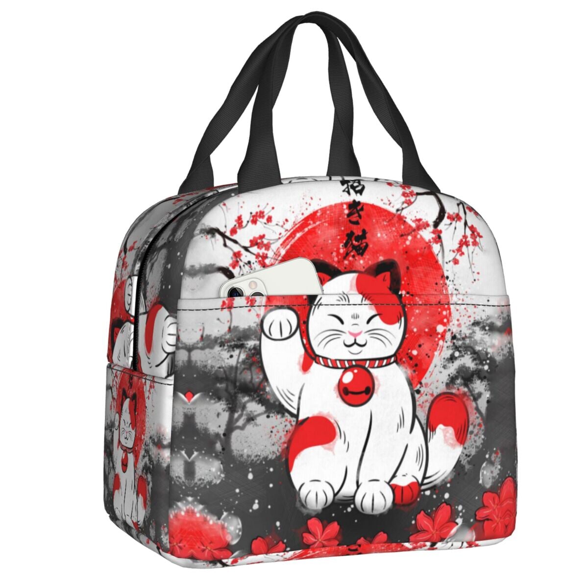 Maneki Neko Lucky Cat Insulated Lunch Bag-Enchanted peach