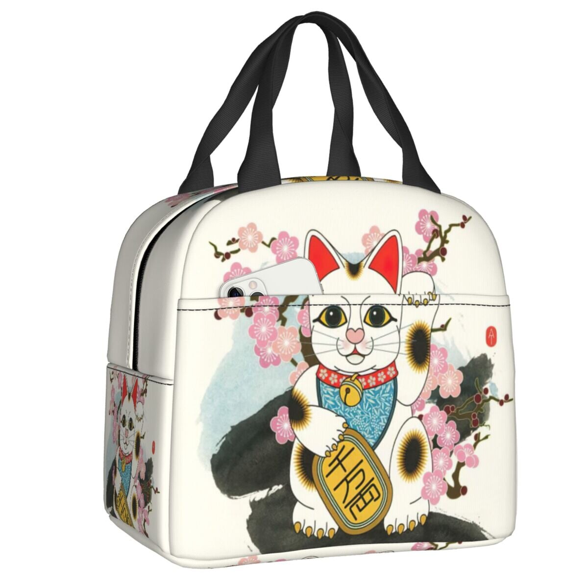 Maneki Neko Lucky Cat Insulated Lunch Bag-Enchanted peach