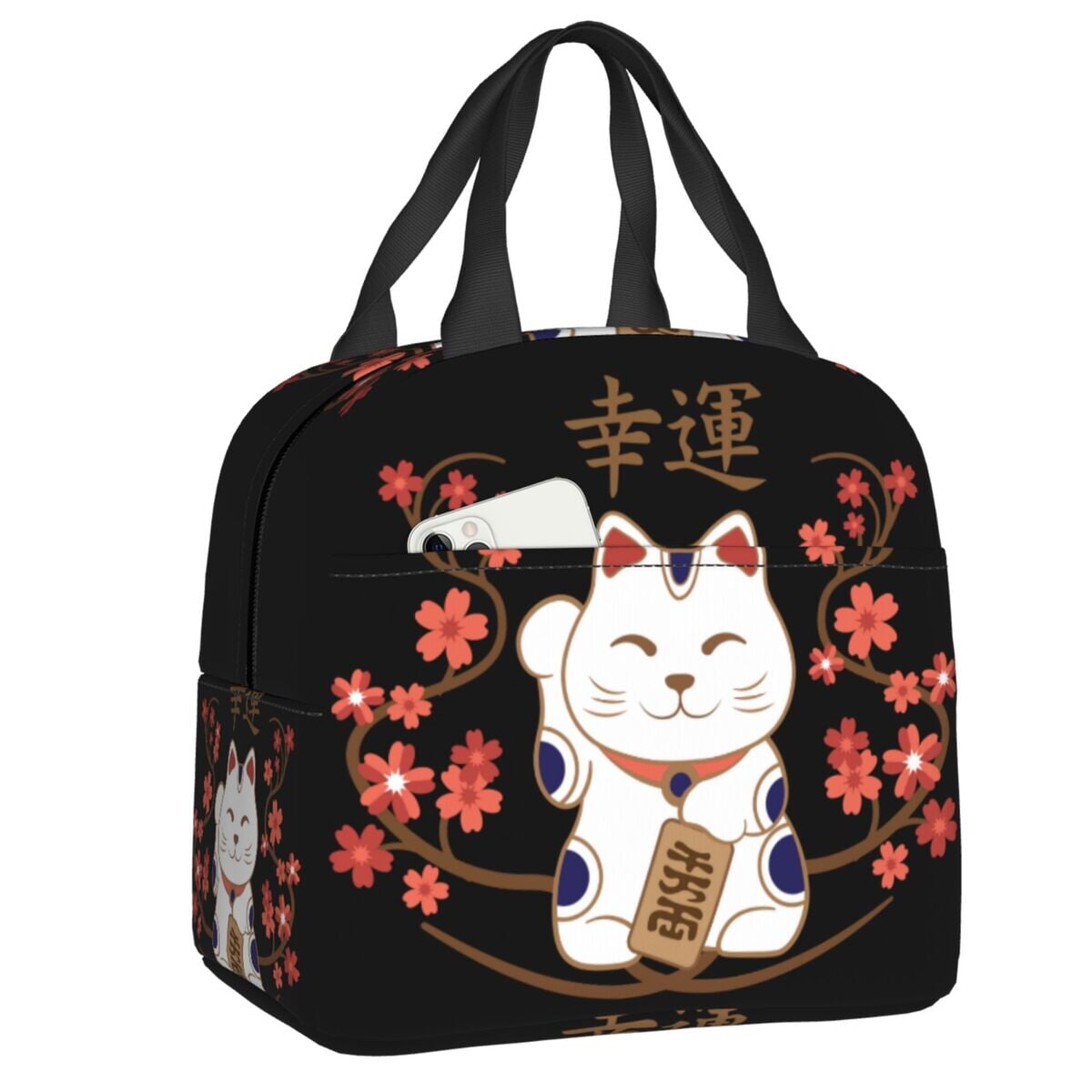 Maneki Neko Lucky Cat Insulated Lunch Bag-Enchanted peach