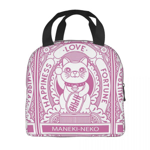 Maneki Neko Lucky Cat Insulated Lunch Bag-Enchanted peach