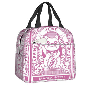 Maneki Neko Lucky Cat Insulated Lunch Bag-Enchanted peach