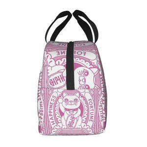 Maneki Neko Lucky Cat Insulated Lunch Bag-Enchanted peach