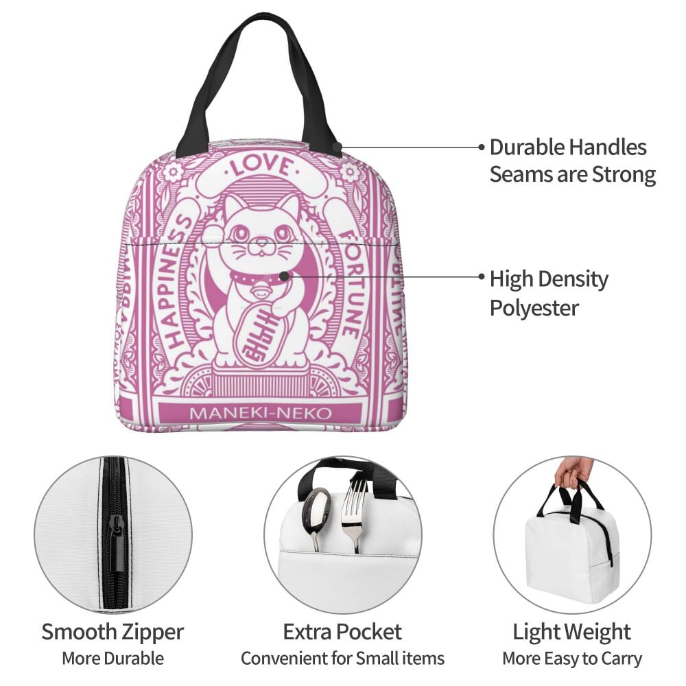 Maneki Neko Lucky Cat Insulated Lunch Bag-Enchanted peach