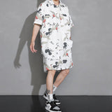 Men's Crane Print Shirt & Shorts Short Sleeve Shirt-Enchanted peach