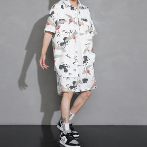 Men's Crane Print Shirt & Shorts Short Sleeve Shirt-Enchanted peach