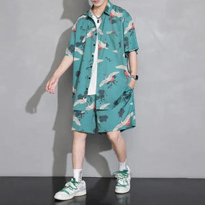 Men's Crane Print Shirt & Shorts Short Sleeve Shirt-Enchanted peach