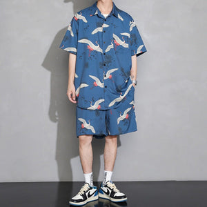 Men's Crane Print Shirt & Shorts Short Sleeve Shirt-Enchanted peach