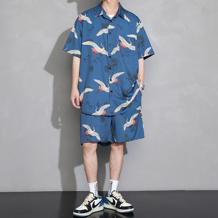 Men's Crane Print Shirt & Shorts Short Sleeve Shirt-Enchanted peach