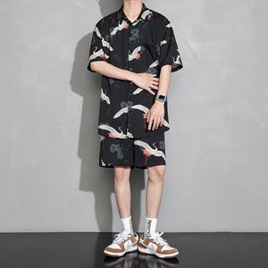 Men's Crane Print Shirt & Shorts Short Sleeve Shirt-Enchanted peach