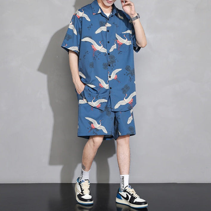 Men's Crane Print Shirt & Shorts Short Sleeve Shirt-Enchanted peach