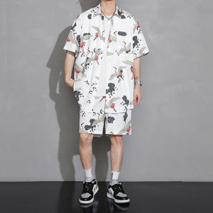 Men's Crane Print Shirt & Shorts Short Sleeve Shirt-Enchanted peach