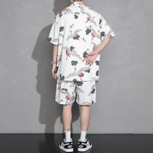 Men's Crane Print Shirt & Shorts Short Sleeve Shirt-Enchanted peach